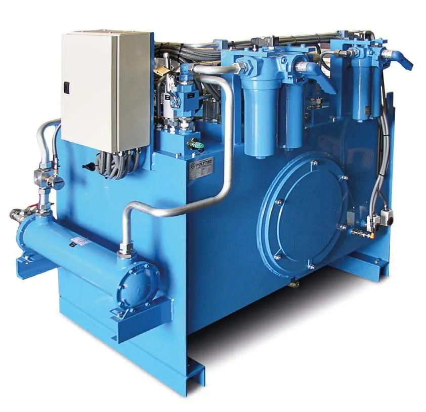 Centrale oleodinamica Polytec con quadro elettrico, filtri e scambiatore, verniciata blu