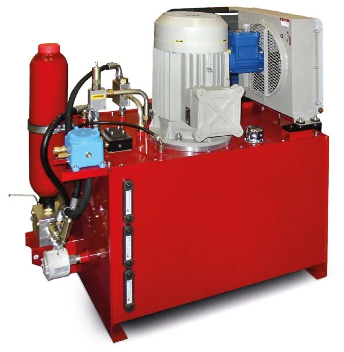 Centrale oleodinamica rossa con motore elettrico e accumulatore