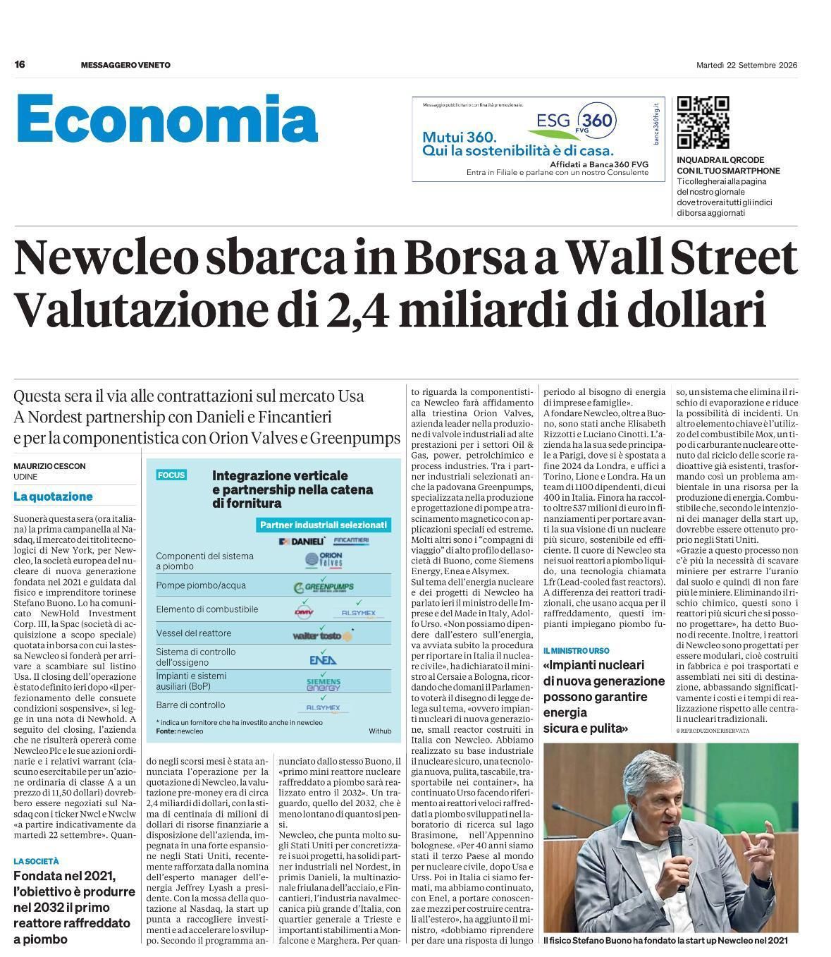 Rassegna stampa del Messaggero Veneto del 22 settembre 2026 sul progetto newcleo e la filiera industriale italiana